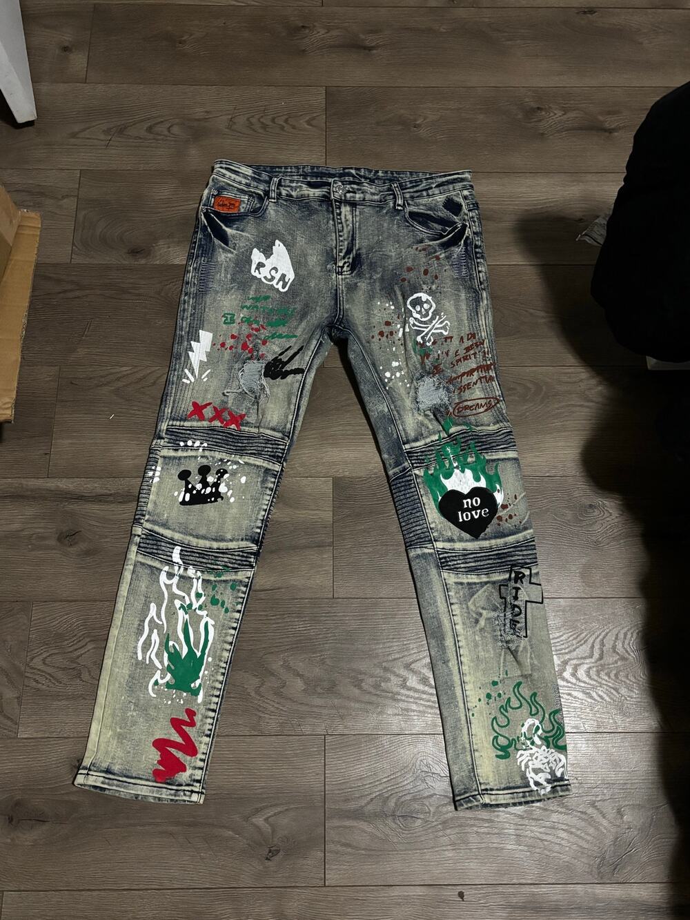 BIEPA Jeans Men’s Size 38 Distressed Moto Graffiti Skinny Jeans